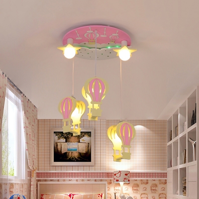 Balloon Shape Semi Flush Mount Cartoon Wood 5 Heads Pink/Blue Finish LED Ceiling Light Fixture