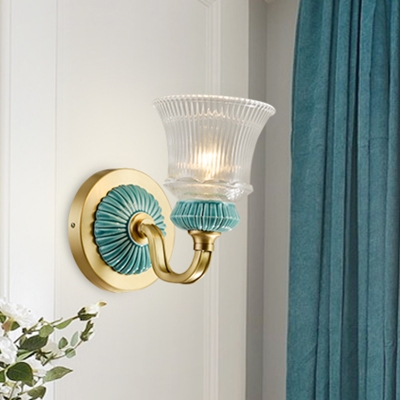 Bell Bedroom Wall Mount Lighting Rural Style Clear Ribbed Glass 1 Light Gold Wall Sconce with Swirl Arm