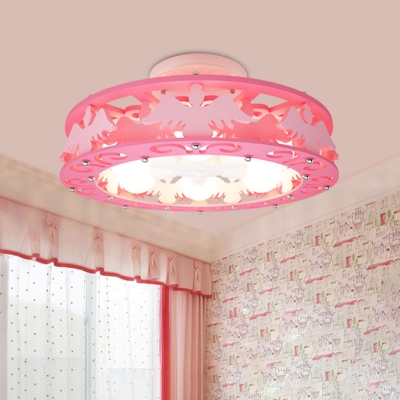 Bird/Angel Merry-Go-Round Semi Flush Kids Metal 6 Bulbs Bedroom Close to Ceiling Light Fixture in Pink