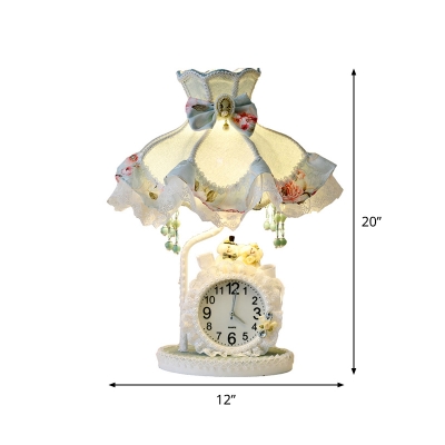 Blue-Green 1 Bulb Nightstand Light Pastoral Fabric Princess Skirt Table Lighting with Mobile Clock