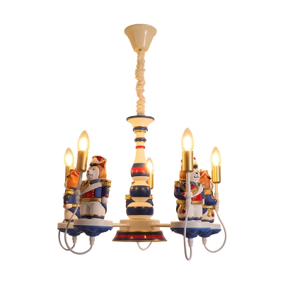 Blue Soldier Chandelier Lighting Cartoon 3/5 Heads Resin Pendant Lamp with Bare Bulb Design