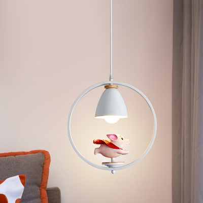 Boy/Girl/Flying Pig Pendulum Light Cartoon Resin 1 Bulb White Hanging Lamp with Ring and Bell Shade