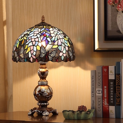 Brown Domed Table Lighting Victorian 1-Bulb Stained Art Glass Night Lamp with Butterfly Pattern