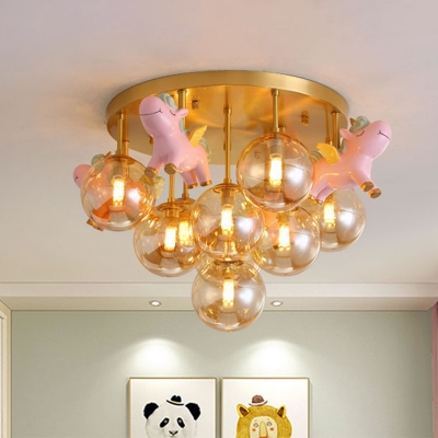 Bubble Amber Glass Semi Flush Chandelier Cartoon 9 Heads Gold Ceiling Mount Light wit Unicorn Drop