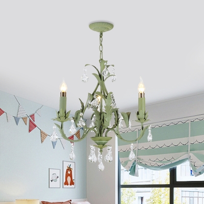 Candle Metal Ceiling Chandelier Romantic Pastoral 3 Lights Bedroom Pendant in Green with Crystal Drop