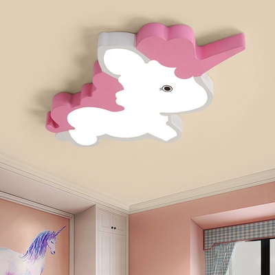 Cartoon LED Ceiling Lighting Pink Unicorn Flush Light Fixture with Acrylic Shade in Warm/White Light
