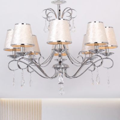 Chrome Scroll Arm Pendant Light Modern Metal 8 Heads Living Room Ceiling Chandelier with Beige Cone Shade