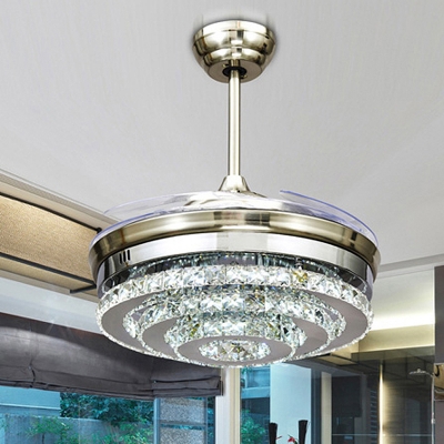 Chrome Tiered Round Fan Light Modern LED Crystal Semi-Flush Ceiling Lamp with 4 Clear Blades, 42.5