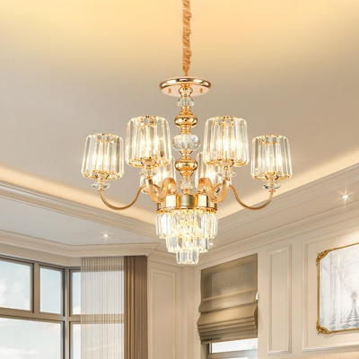 Classic Cone Ceiling Hang Fixture 6 Bulbs Crystal Block Hanging Chandelier in Gold with Curved Arm