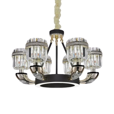 Crystal Cylindrical Pendant Lamp Minimalism 6-Bulb Bedroom Chandelier Lighting in Black