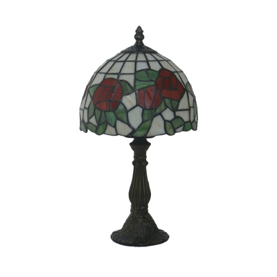 Cut Glass Bowl Shaped Night Table Lamp Baroque 1-Light Red/Pink Blossom Patterned Desk Light for Bedroom