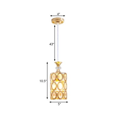 Cylinder Pendant Light Fixture Modernism Inserted Crystal 1 Head Dining Room Suspension Lamp in Gold