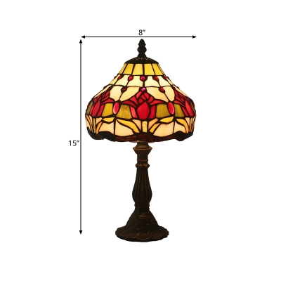 Dark Coffee Tulip Patterned Night Lighting Mediterranean 1 Light Stained Glass Desk Lamp with Bowl Shade