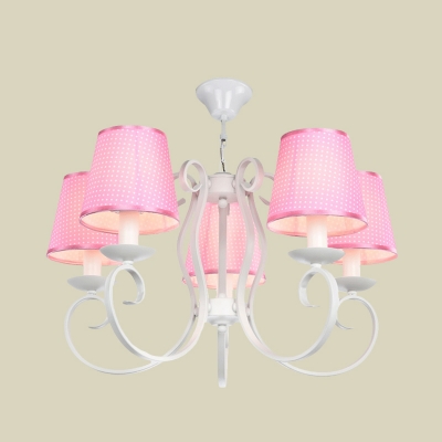 Dotted Fabric Conical Chandelier Macaron 5 Bulbs Pink Hanging Pendant Light with Swirl Arm