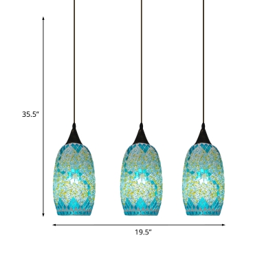 Elliptical Multi-Light Pendant 3-Light Blue Stained Glass Tiffany Drop Lamp with Linear Canopy