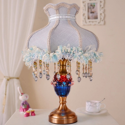 European Pastoral Vase Shape Night Lamp 1 Head Fabric Table Light with Flower Trim in Light Blue