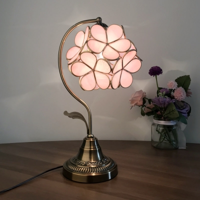Floral Nightstand Lamp Tiffany Style Pink Glass 1-Light Bronze Night Lighting with Curved Arm