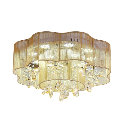 Flower Crystal Flushmount Light Contemporary Gold/Pink LED Flush Mounted Lamp with Sheer Shade