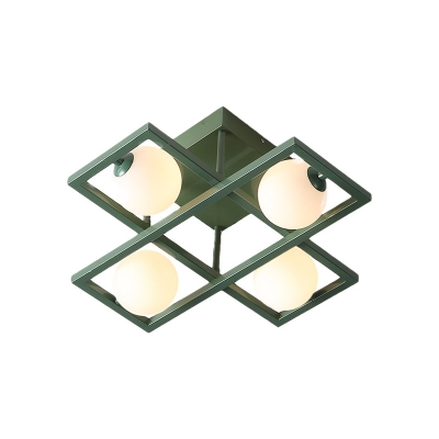 Geometric Metal Semi Mount Lighting Modern 3/4/6 Heads Green Flushmount with Sphere Milk Glass Shade