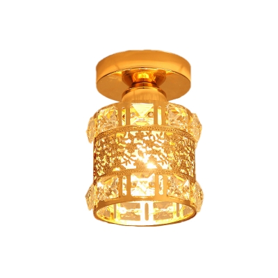 Gold 1-Light Flushmount Lamp Modern Crystal Etched Floral Cylindrical Close to Ceiling Light