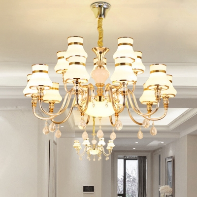 Gold 15-Light Pendant Lamp Modern Milk Glass Flared Tiered Chandelier over Dining Table