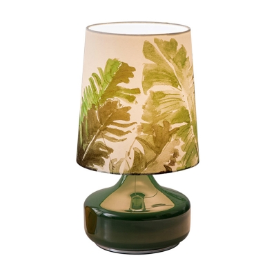 Green Glass Urn Base Table Lamp Nordic 1 Bulb Nightstand Light with Leaf Pattern Fabric Shade