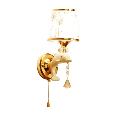 Hand Blown White Glass Bucket Sconce Cartoon 1/2-Bulb Wall Mount Light Fixture with Dandelion Pattern