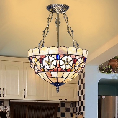 Inverted Bowl Semi Flush Chandelier Tiffany Shell 3-Light Brass Ceiling Mounted Lamp