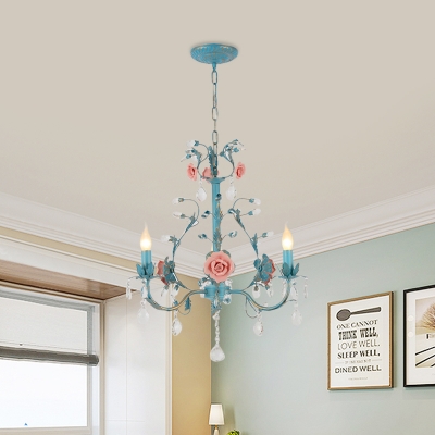 Iron Blue Chandelier Lighting Candlestick 3/6-Bulb Korean Flower Pendant with Crystal Draping