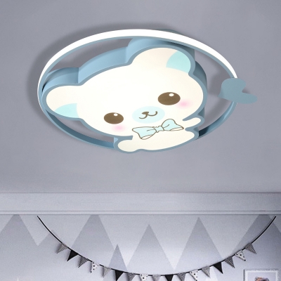 Iron Rabbit/Bear Super Thin Ceiling Flush Cartoon Pink/Blue LED Flush-Mount Light Fixture for Kids Room