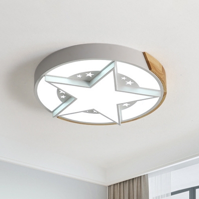 Iron Star Badge Flush Ceiling Light Macaron White/Pink/Blue and Wood LED Flushmount Lighting