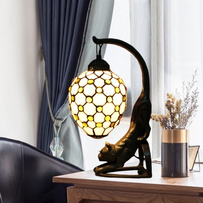 Jewel-Embellished Netting Oval Night Lamp 1 Bulb White Glass Baroque Style Table Light with Cat Base