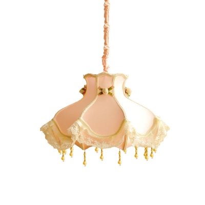 Kids 1 Head Hanging Lamp Pink/White Lace Trim Pendant Lighting Fixture with Fabric Shade for Bedroom