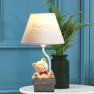 Kids Cone Fabric Desk Light 1 Bulb Night Table Lamp in Pink/Blue with Bear Decoration for Nursery