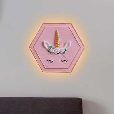Kids Hexagon Flush Mount Wall Light Iron Kindergarten LED Wall Mount Lighting with Unicorn Pattern in Pink