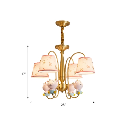 Kids Style Sheep Resin Hanging Light 4 Heads Chandelier Lamp with Ribbon-Print Fabric Shade in Pink-Gold