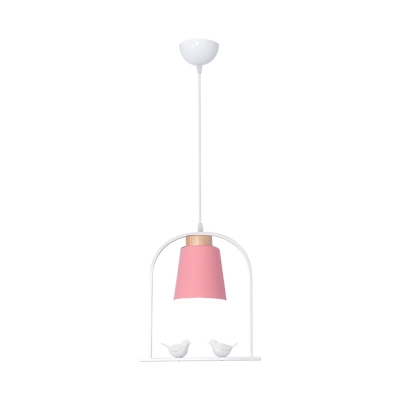 Macaron Tapered Shade Pendant Light Kit Iron Single Restaurant Down Lighting in White/Grey/Pink with Arched Frame and Bird Decor