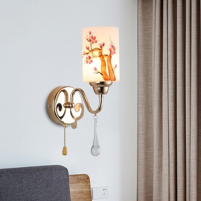 Milk Glass Column Sconce Contemporary 1/2-Head Bedroom Crystal Wall Lamp in Gold with Pull Chain