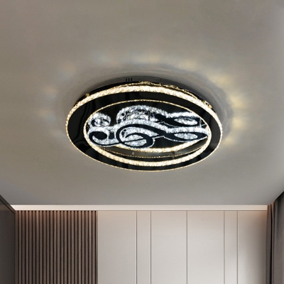 Minimalist Ring Ceiling Light LED Cut Crystal Flushmount in Black with Musical Note Design