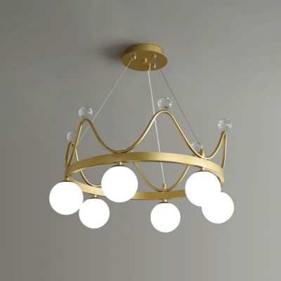 Modern Crown Chandelier Lamp White Glass 6 Heads Bedroom Hanging Light with Crystal Ball in Pink/Gold