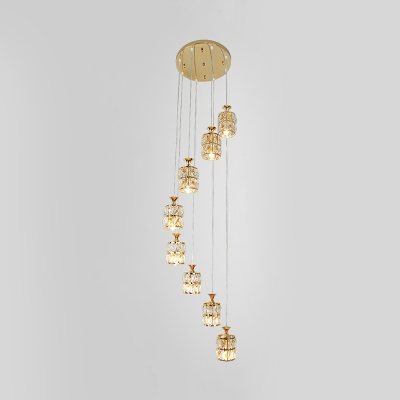 Modernism Drum Multi-Light Pendant Faceted Crystal 8 Lights Stairs Down Lighting in Gold with Spiral Design