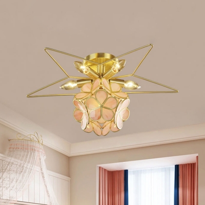Modernist Flower Semi Flush Mount Pink Green White Glass 6 Bulb Bedroom Ceiling Light Fixture With Star Frame On Top In Brass Beautifulhalo Com - Ceiling Mount Star Light Fixture