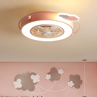 Nordic Drum Flush Lamp Iron LED Bedroom Semi Flush Mount Fan Light in Pink/Blue with Round/Cloud/Loving Heart Detail