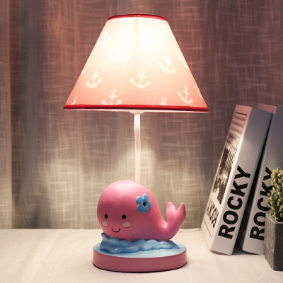 Pink Whale Night Stand Light Cartoon 1 Head Resin Table Lamp with Cone Fabric Shade