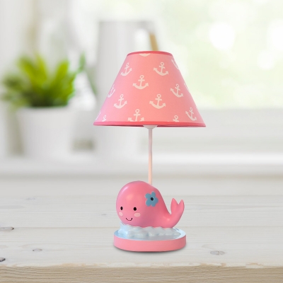 Pink Whale Night Stand Light Cartoon 1 Head Resin Table Lamp with Cone Fabric Shade