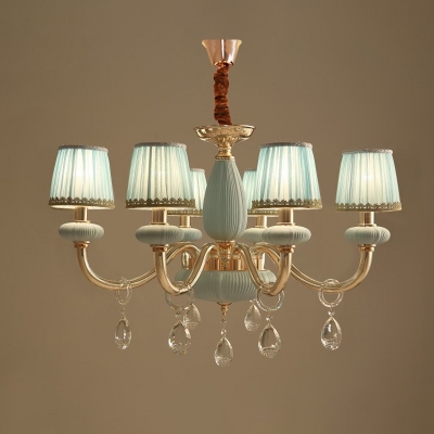 Pleated Shade Bedroom Chandelier Light Retro Fabric 6 Heads Blue Hanging Lamp with Crystal Drop
