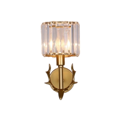 Postmodern Cup Shade Wall Sconce 1-Light Prismatic Crystal Wall Mount Fixture with Antler Detail in Gold