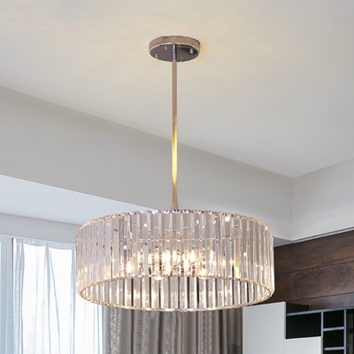 Rectangle-Cut Crystal Ring Chandelier Minimalist 6-Light Dining Room Hanging Pendant in Chrome