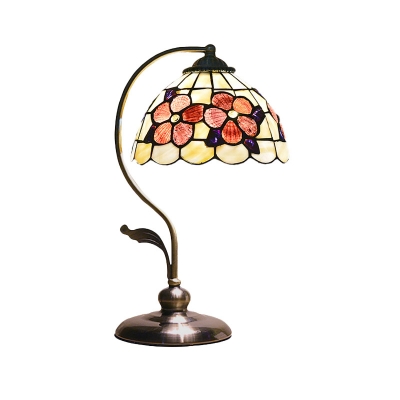 Red 1 Head Night Light Mediterranean Shell Bowl Table Lighting with Gooseneck Arm for Bedroom