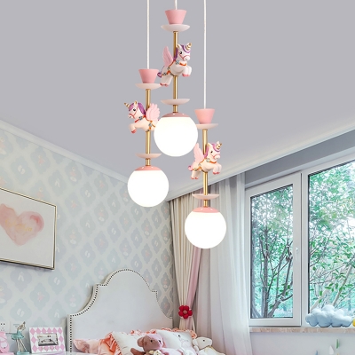 Resin Cluster Unicorn Pendant Kid 3/5 Heads Pink/Blue Hanging Light Fixture with Ball Ivory Glass Shade for Child Bedroom